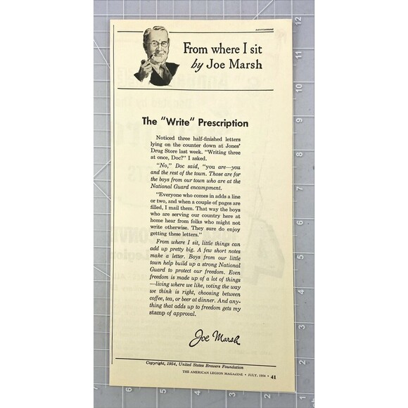 US Brewers "Writing to Active Service Men" by Joe Marsh" Vintage Print Ad 1954 - Picture 2 of 3